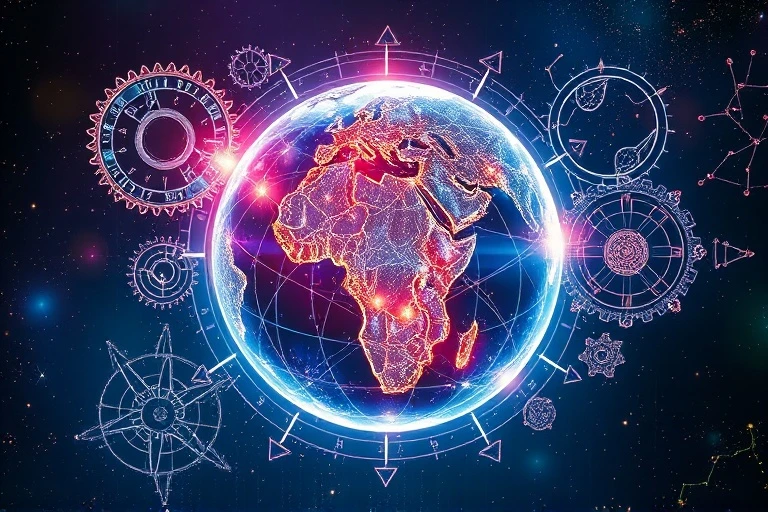 Ilustración digital de un globo terráqueo holográfico con redes interconectadas, rodeado de engranajes y formas geométricas abstractas.