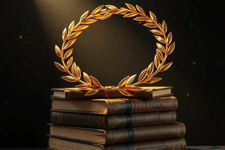 Corona de laurel dorada sobre libros antiguos, iluminada por un foco.