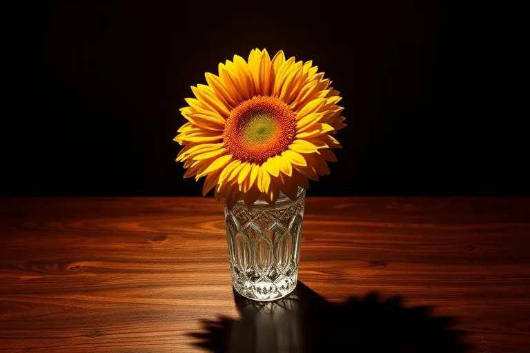 Girasol vibrante en jarrón de cristal, proyectando sombras dramáticas sobre madera pulida.