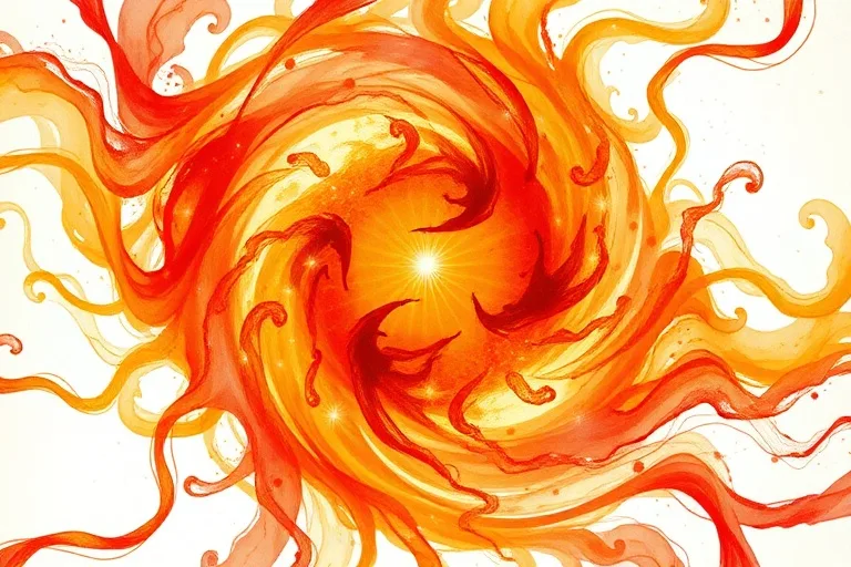 Pintura acuarela abstracta de remolinos de colores cálidos (naranja, rojo, oro) que emanan de un punto central.