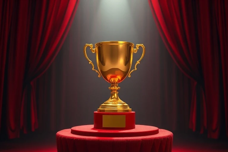 Un trofeo dorado brillando bajo un foco, sobre un pedestal de terciopelo, con cortinas de teatro de fondo, simbolizando el reconocimiento que Leo busca.