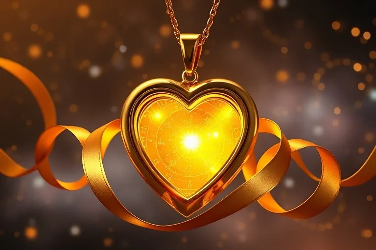 Un locket en forma de corazón abierto, emitiendo un brillo cálido, rodeado de cintas doradas, simbolizando la generosidad y el corazón noble de Leo.