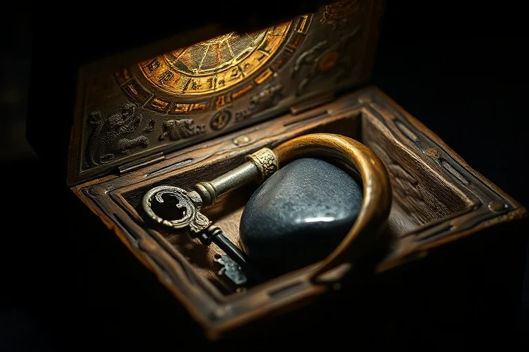 Caja de madera antigua con tallados intrincados, ligeramente abierta, revelando una llave pequeña y ornamentada, una piedra pulida y lisa, y una garra de bronce estilizada. Iluminación dramática.