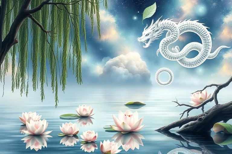 Pintura de acuarela de una escena de río serena con flores de loto delicadas y ramas antiguas de sauce. Representaciones abstractas de la sabiduría del Conejo (una hoja de jade pálido), el poder del Dragón (una niebla arremolinada en forma de nube) y la intuición de la Serpiente (una cinta brillante y enroscada).