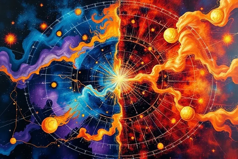 Pintura al óleo abstracta con colores contrastantes que representan la dualidad y el equilibrio de la polaridad.