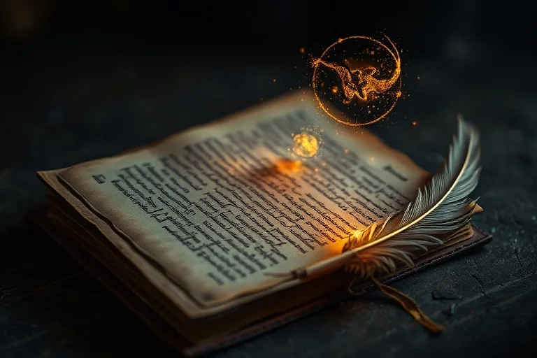 Diario de cuero antiguo abierto con escritura luminosa y una pluma de ave, simbolizando la intención y la manifestación de pensamientos.