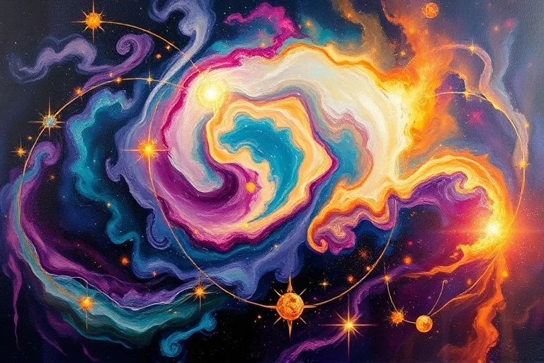 Pintura al óleo abstracta con colores vibrantes y remolinos, representando la fluidez de la realidad y la manifestación de la energía a través de la creencia.