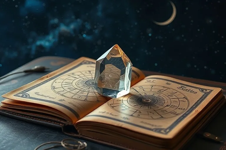 Diario abierto con símbolos astrológicos y un cristal, reflejando un cielo estrellado.