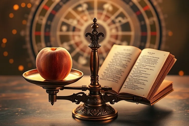 Una balanza de latón vintage y ornamentada, con un melocotón maduro en un platillo y un libro de poesía abierto en el otro, iluminados por una luz cálida.