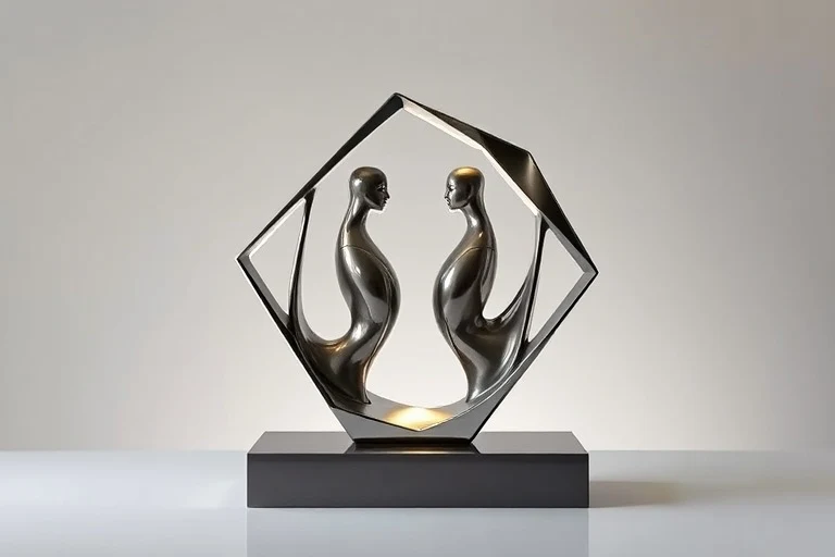 Una escultura minimalista de formas geométricas pulidas e interconectadas, formando una estructura estable y dinámica, con dos figuras abstractas que implican el equilibrio.