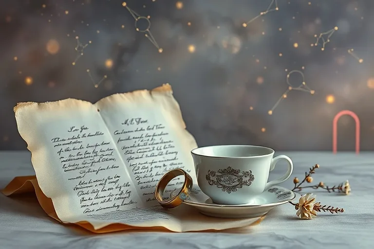Arreglo de cartas de amor vintage, taza de té y anillos entrelazados, evocando la armonía en las relaciones.