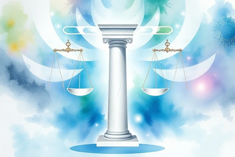 Pintura acuarela abstracta con columna clásica, simbolizando la belleza artística y la justicia fundamental.