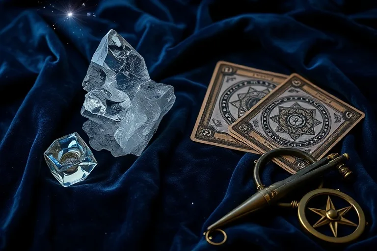 Colección de herramientas esotéricas sobre tela de terciopelo, con cristal y cartas de tarot