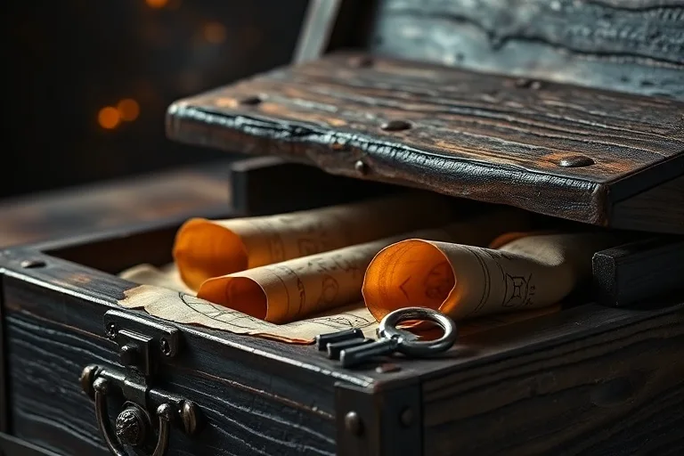 Una fotografía vintage macro de un cofre de madera antiguo entreabierto, con pergaminos astrológicos y una llave de plata, simbolizando secretos y sabiduría ancestral.