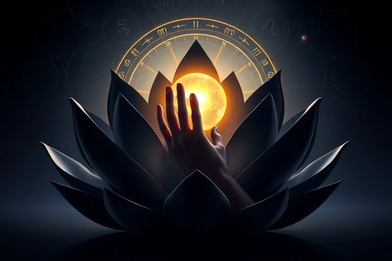 Una ilustración digital 3D de una flor de loto de obsidiana con un pétalo transformándose en una mano que alcanza un orbe dorado, simbolizando la curación y el empoderamiento femenino.