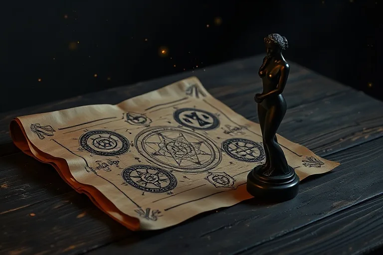 Un pergamino antiguo con símbolos crípticos y una estatuilla de obsidiana sobre una mesa de madera.