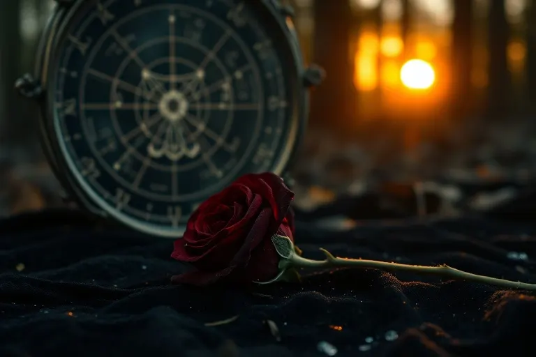 Fotografía de bodegón de un espejo de plata antiguo que refleja sombras, con una rosa silvestre espinosa sobre terciopelo, en un bosque misterioso al atardecer. Iluminación cinematográfica.