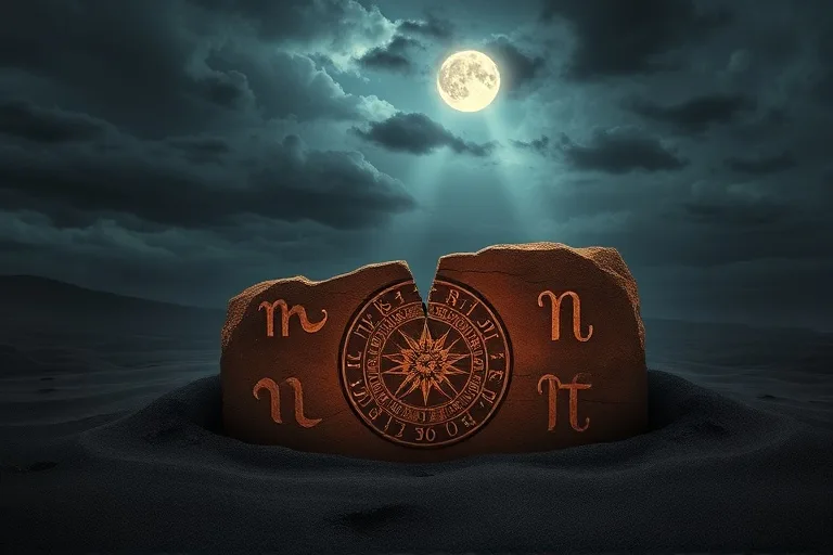 Arte conceptual de una tableta de arcilla antigua, rota pero brillante, con símbolos olvidados, medio enterrada en arena bajo un cielo tormentoso. Un rayo de luna ilumina la tableta. Estilo de realismo místico.