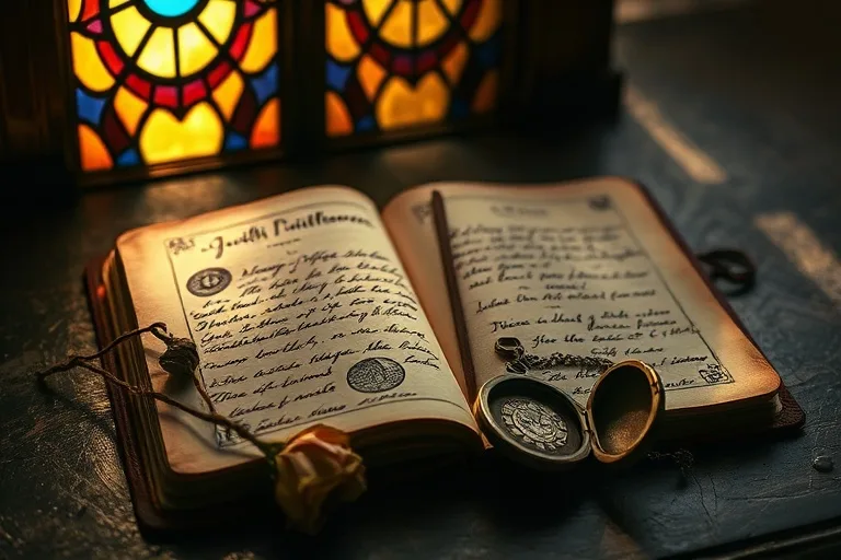 Fotografía vintage de un diario de cuero antiguo abierto con escritura descolorida y dibujos simbólicos, junto a una rosa seca y un medallón roto, iluminado por una luz melancólica.