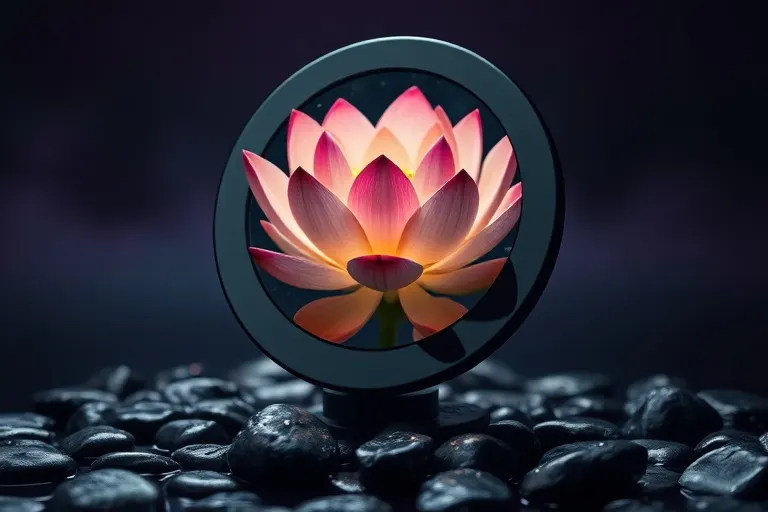 Cinematic still life de un espejo de obsidiana pulido que refleja una flor de loto floreciendo, emergiendo de agua oscura. Piedras de río brillantes lo rodean, con un fondo difuminado de púrpuras y azules, creando una atmósfera de transformación espiritual.