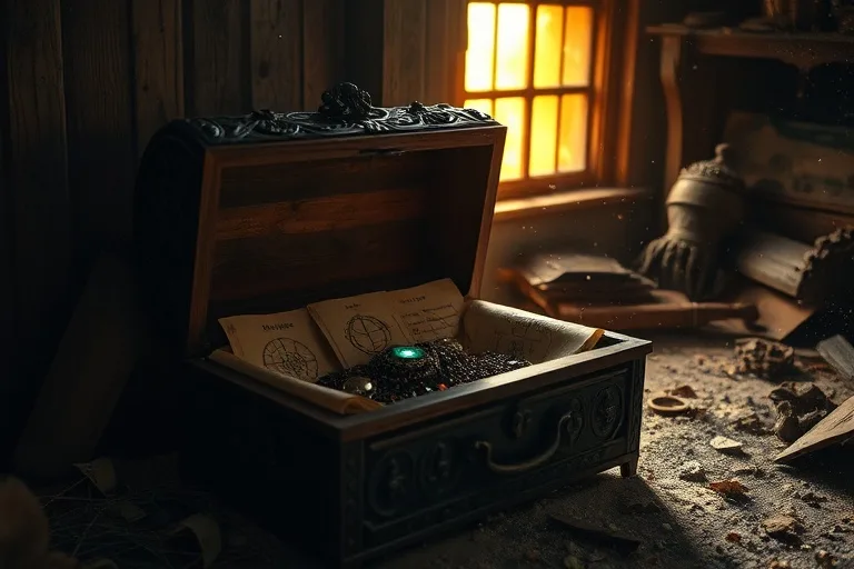 Fotografía cinematográfica de un cofre de madera antiguo entreabierto en un ático polvoriento, con joyas y pergaminos brillando en su interior bajo una luz tenue.