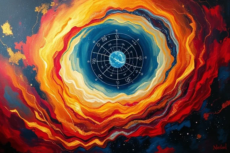 Pintura al óleo abstracta con colores dorados, carmesí y azules profundos arremolinándose en un vórtice dinámico que se eleva, con pinceladas enérgicas.