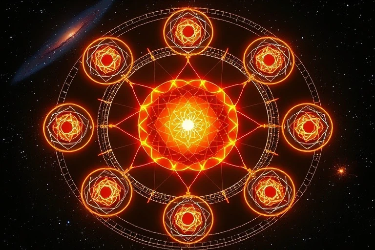 Render 3D de chakras como vórtices de luz interconectados con sólidos platónicos