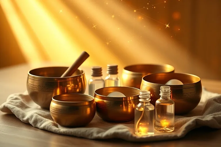 Bodegón de cuencos tibetanos y de cuarzo, con aceites esenciales, en un ambiente de luz suave y cálida, simbolizando la armonía vibracional.