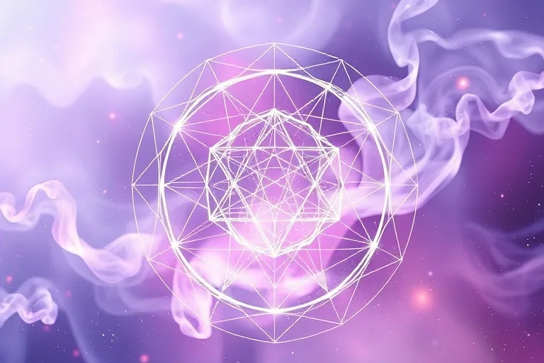 Ilustración abstracta de una red energética o mandala, con humo aromático que se eleva y se difunde, simbolizando la purificación y el equilibrio del aura.