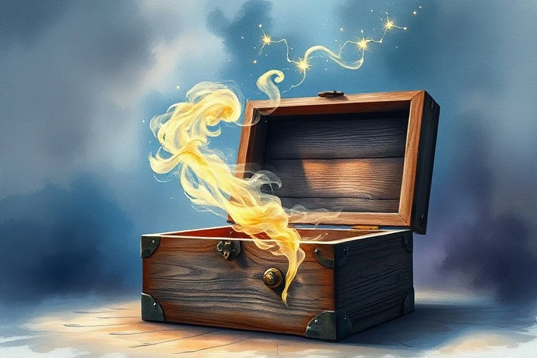 Pintura acuarela de caja de madera vieja y abierta, con humo o niebla saliendo, simbolizando la liberación de energías y recuerdos.