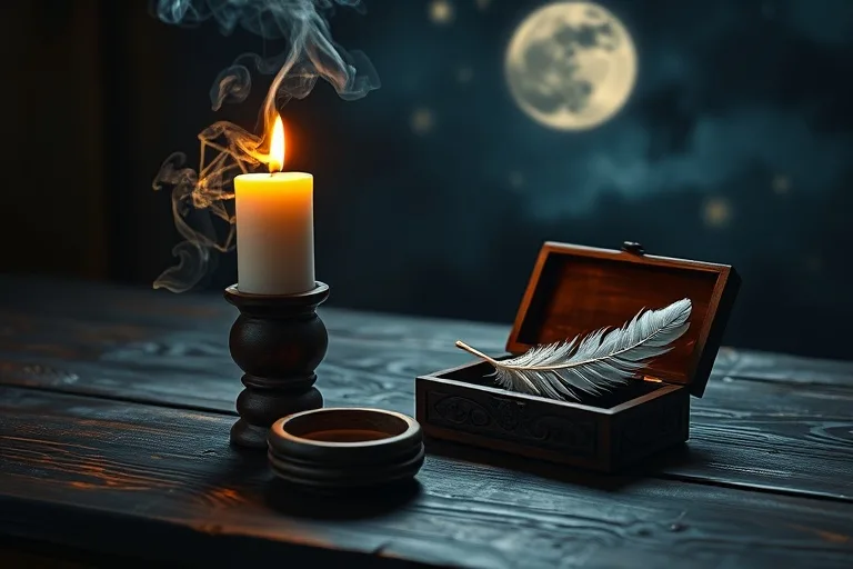 Mesa de madera antigua con una vela a medio consumir, un sahumador de salvia humeante y una caja de madera abierta con una pluma, simbolizando la liberación