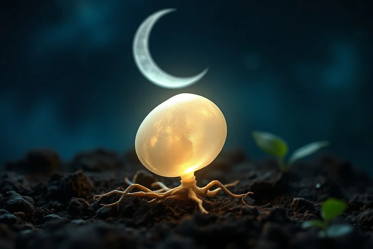 Ilustración 3D de una semilla luminosa germinando en tierra fértil bajo una luna creciente, con raíces delicadas y un fondo de azules y verdes