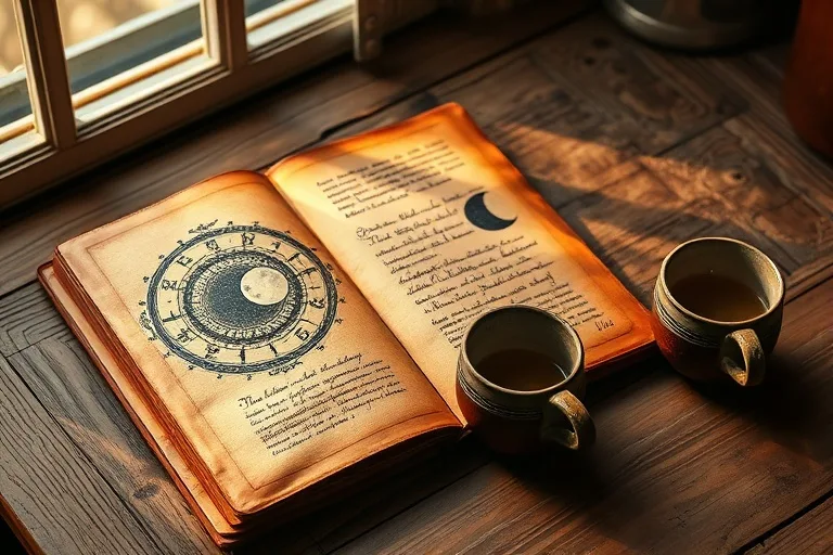 Diario de cuero abierto con notas sobre fases lunares y tazas de té, simbolizando la introspección emocional.
