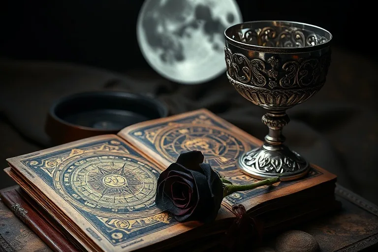 Antiguo tomo de magia abierto con sigilos esotéricos, una rosa oscura y un cáliz de plata bajo la luz de la luna.
