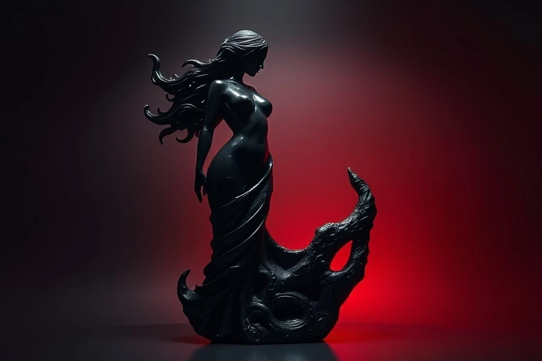 Escultura abstracta de obsidiana y madera oscura, representando el poder femenino y la dualidad de sombra y luz, con iluminación rojiza.