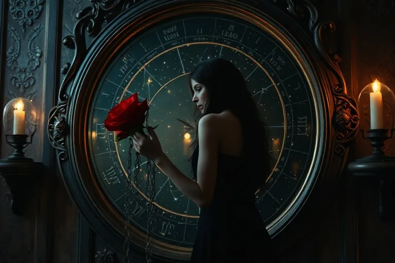 Espejo antiguo reflejando una figura sombría, con cadenas rotas y una rosa roja, bajo una luz dramática.