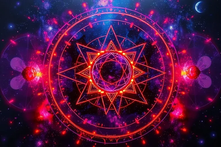 Pintura abstracta de azules, púrpuras, rojos y naranjas, con formas geométricas afiladas emergiendo del caos.