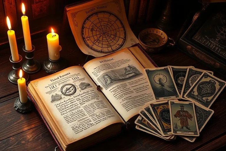 Bodegón cinematográfico de un diario antiguo con cartas astrales, velas y tarot, simbolizando el estudio esotérico.