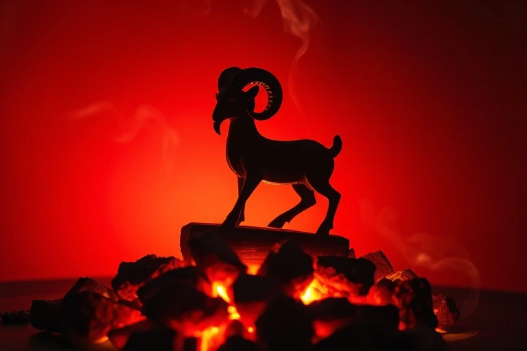 Fotografía cinematográfica de una figura de carnero de madera sobre brasas humeantes, con un fondo degradado rojo y naranja.