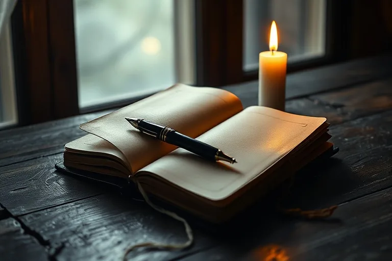 Fotografía cinematográfica de un diario abierto con páginas en blanco, una vela encendida y un bolígrafo sobre una mesa de madera, con luz suave, sugiriendo introspección.