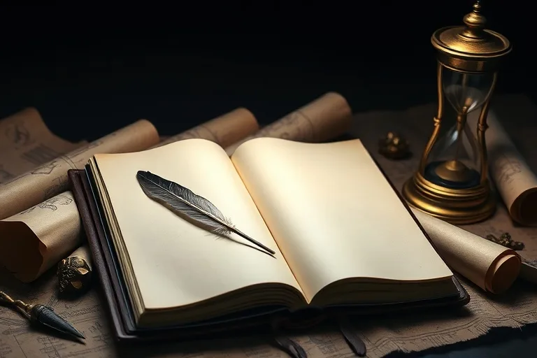 Bodegón cinematográfico de un diario antiguo abierto con una pluma sobre una página en blanco, rodeado de pergaminos iluminados y un reloj de arena, bajo la luz de la luna, evocando introspección y nuevas narrativas.