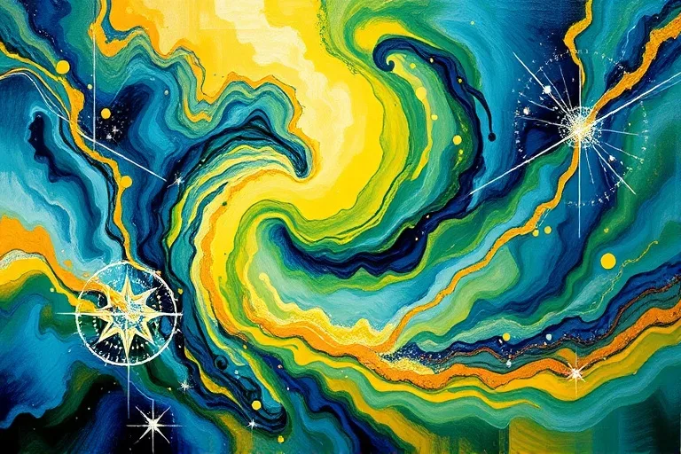 Pintura al óleo abstracta y dinámica con una vibrante mezcla de azules, verdes y amarillos, que evoca corrientes de pensamiento e ideas interconectadas, con patrones geométricos sutiles que simbolizan la claridad y el nacimiento de nuevos conceptos.
