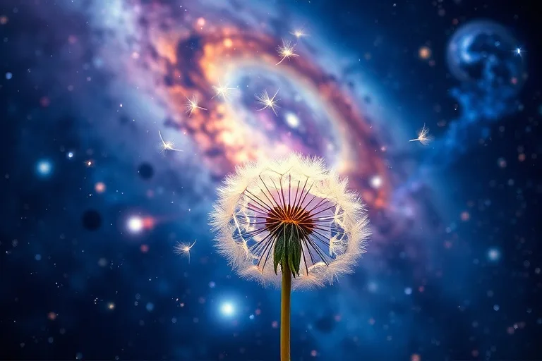 Una cabeza de diente de león con semillas luminosas que ascienden hacia una galaxia brillante, simbolizando la liberación y manifestación de deseos.