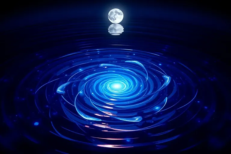 Dos superficies de agua ondulantes superpuestas, reflejando fases lunares y creando un vórtice de luz
