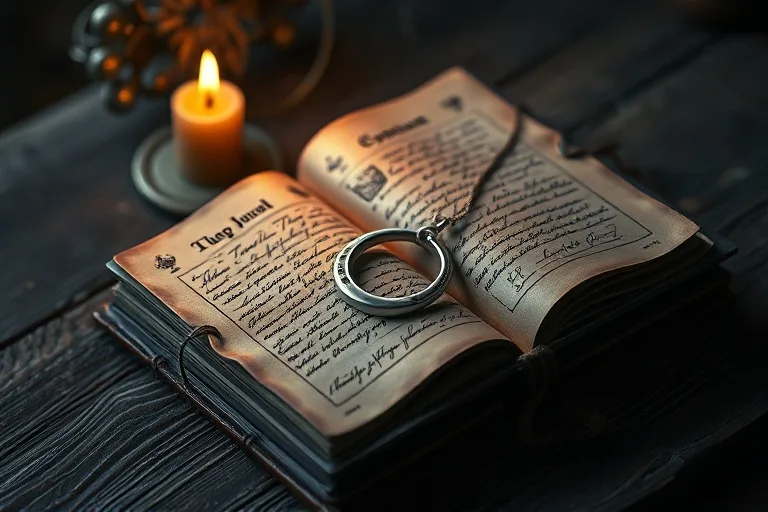 Diario de sueños antiguo abierto, con un colgante de luna creciente y notas manuscritas, bajo la luz de una vela.