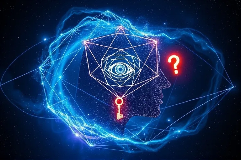 Silueta de cabeza humana formada por un vórtice cósmico, con hilos de luz conectando a símbolos abstractos como un ojo, una llave y un signo de interrogación.