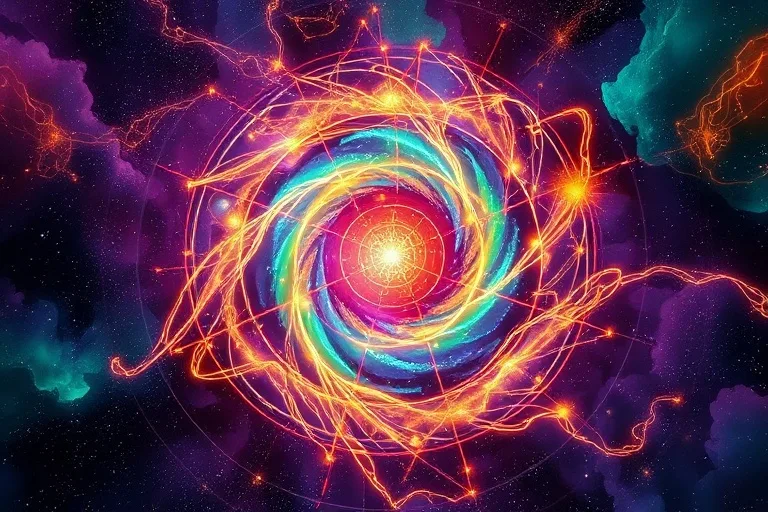 Pintura abstracta de un vórtice cósmico con colores vibrantes y líneas doradas entrelazadas, simbolizando la energía y la conexión espiritual.