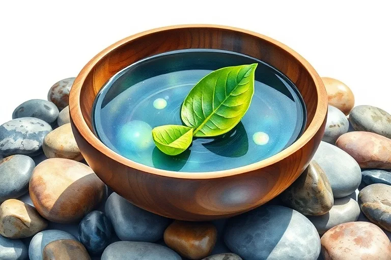 Pintura de acuarela de un cuenco de madera con agua y una hoja verde, rodeado de piedras, simbolizando la armonía elemental.