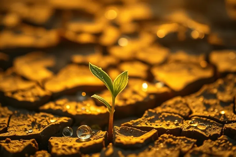Fotografía cinematográfica de un pequeño brote verde emergiendo de tierra agrietada, rodeado de rocío y luz dorada, simbolizando resiliencia y nutrición.