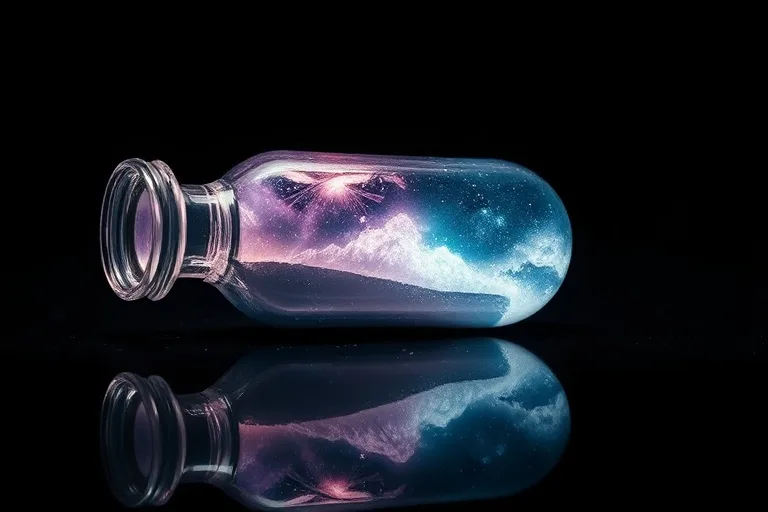 Vial de vidrio con elixir brillante, emitiendo un aura pulsante de colores suaves sobre una superficie oscura y reflectante.
